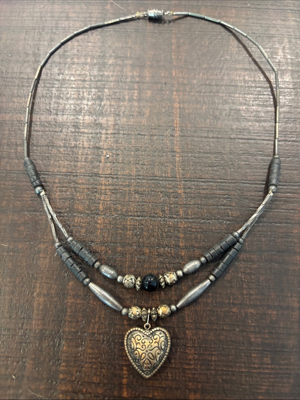 Vintage Southwestern Liquid Silver & Hematite Heart Collar Necklace Duo